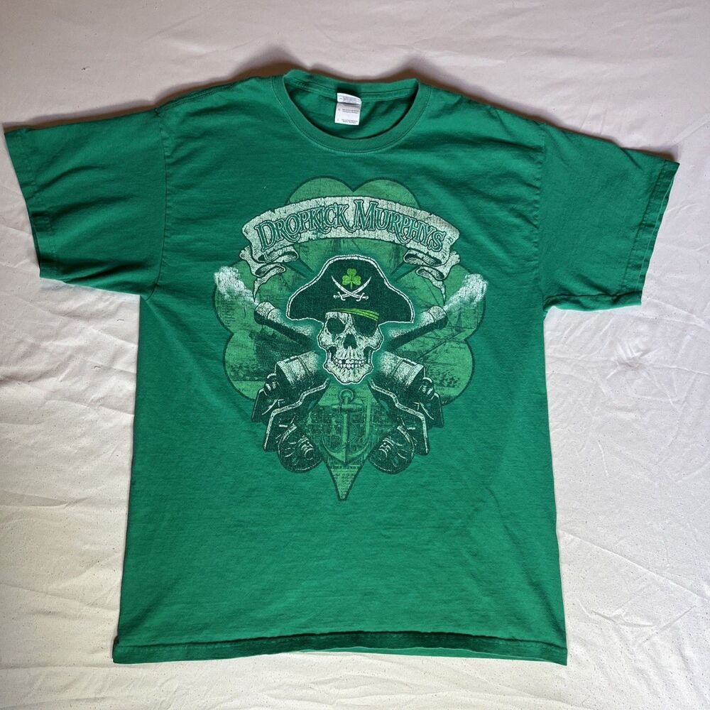Vintage Dropkick Murphys Large Shirt Pirate Skull Clover Green Band Tee Faded